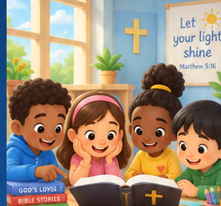 Illustration of children studying an open Bible together